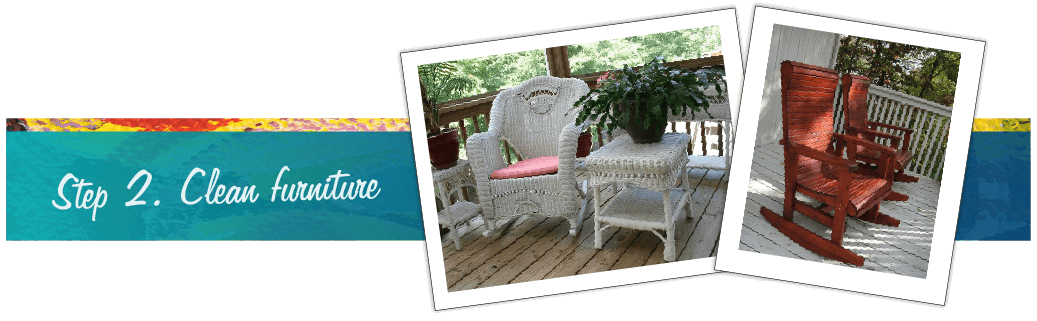 Photo: Wicker chair and matching table on covered deck with blooming Christmas cactus.