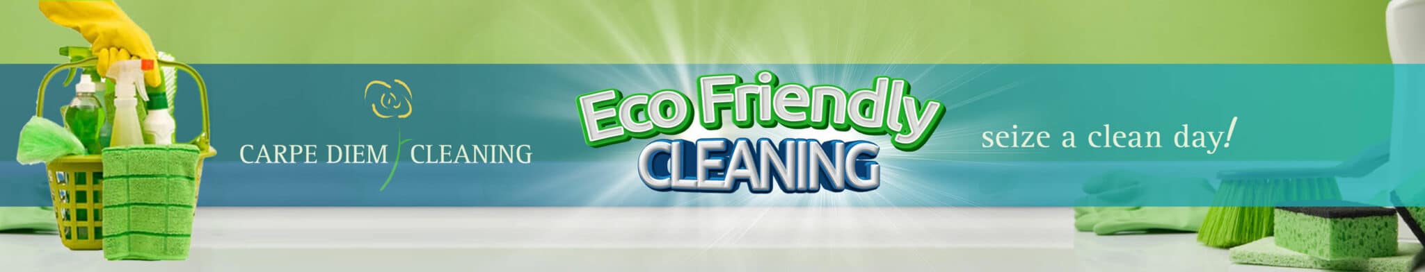 horizontal banner image with eco friendly cleaning text and some cleaning tools