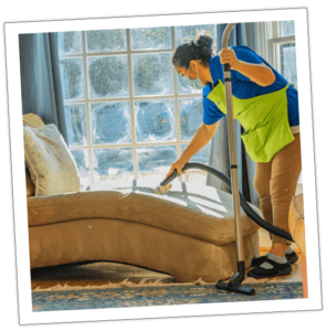 woman cleaning a chair with a vacuum